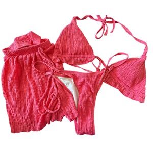 Pink Smocked 3 Piece Bikini Set Triangle Top High Cut Bottoms and Skirt Size S